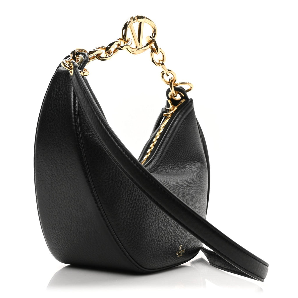 Grainy Calfskin Small Vlogo Moon Hobo Bag Black