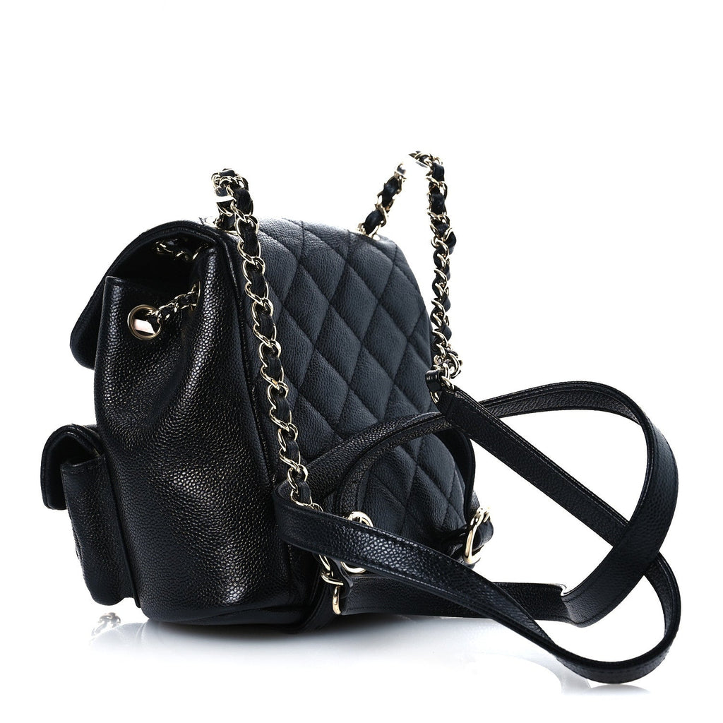 Shiny Caviar Quilted Small Duma Pockets Drawstring Backpack Black