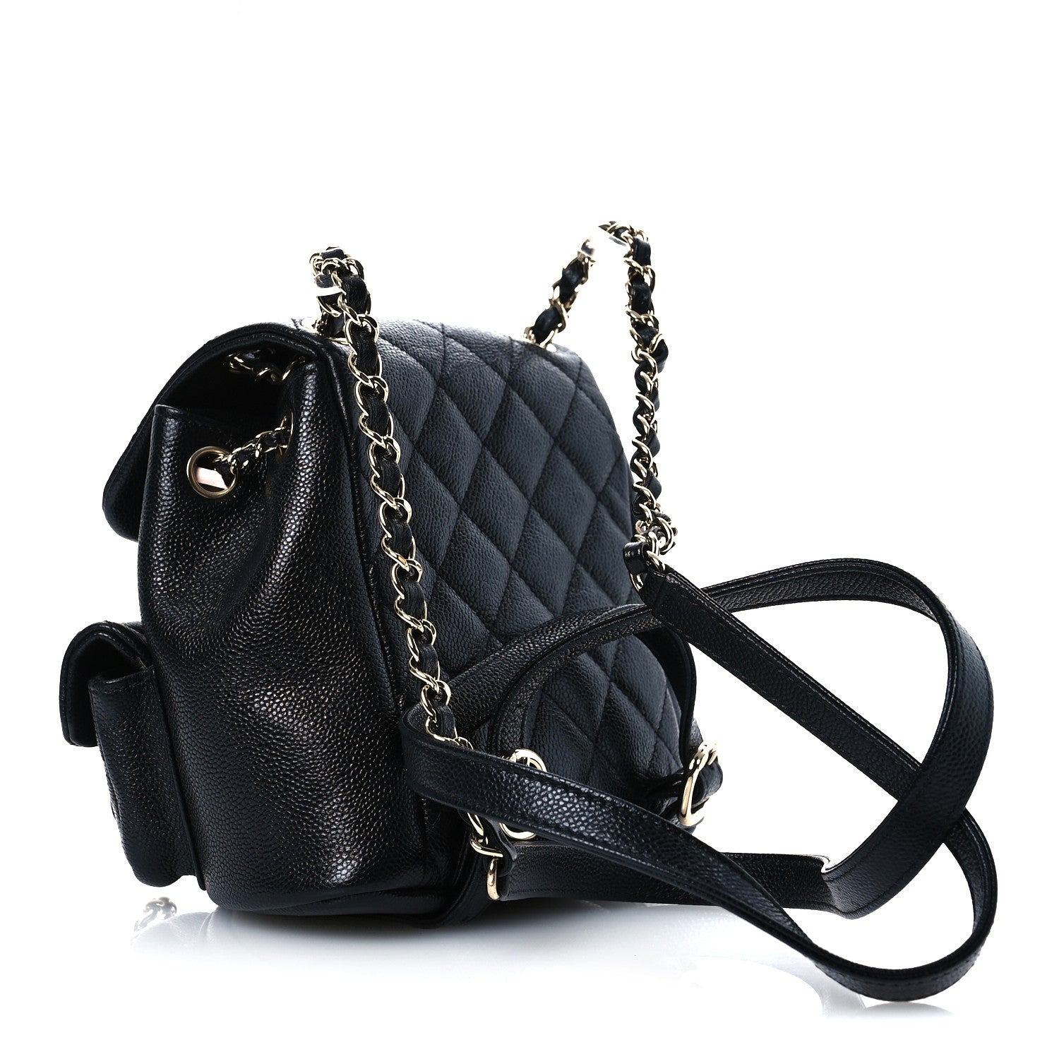 Shiny Caviar Quilted Small Duma Pockets Drawstring Backpack Black
