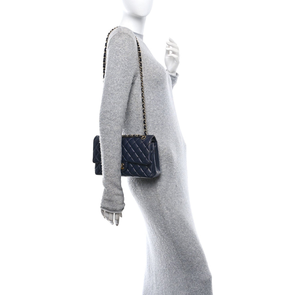 Caviar Quilted Medium Double Flap Navy