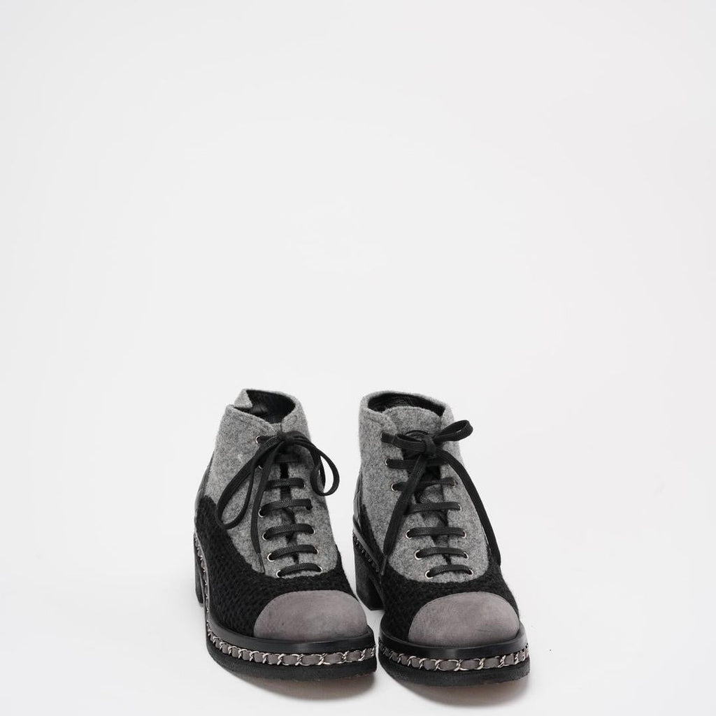 Chanel Black/Grey Tweed Suede Chain Ankle Boots 37