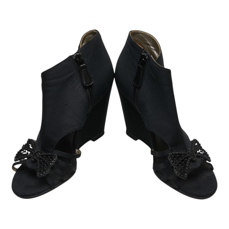 Chanel Coco Mark Ribbon Canvas Leather Wedge Sandals