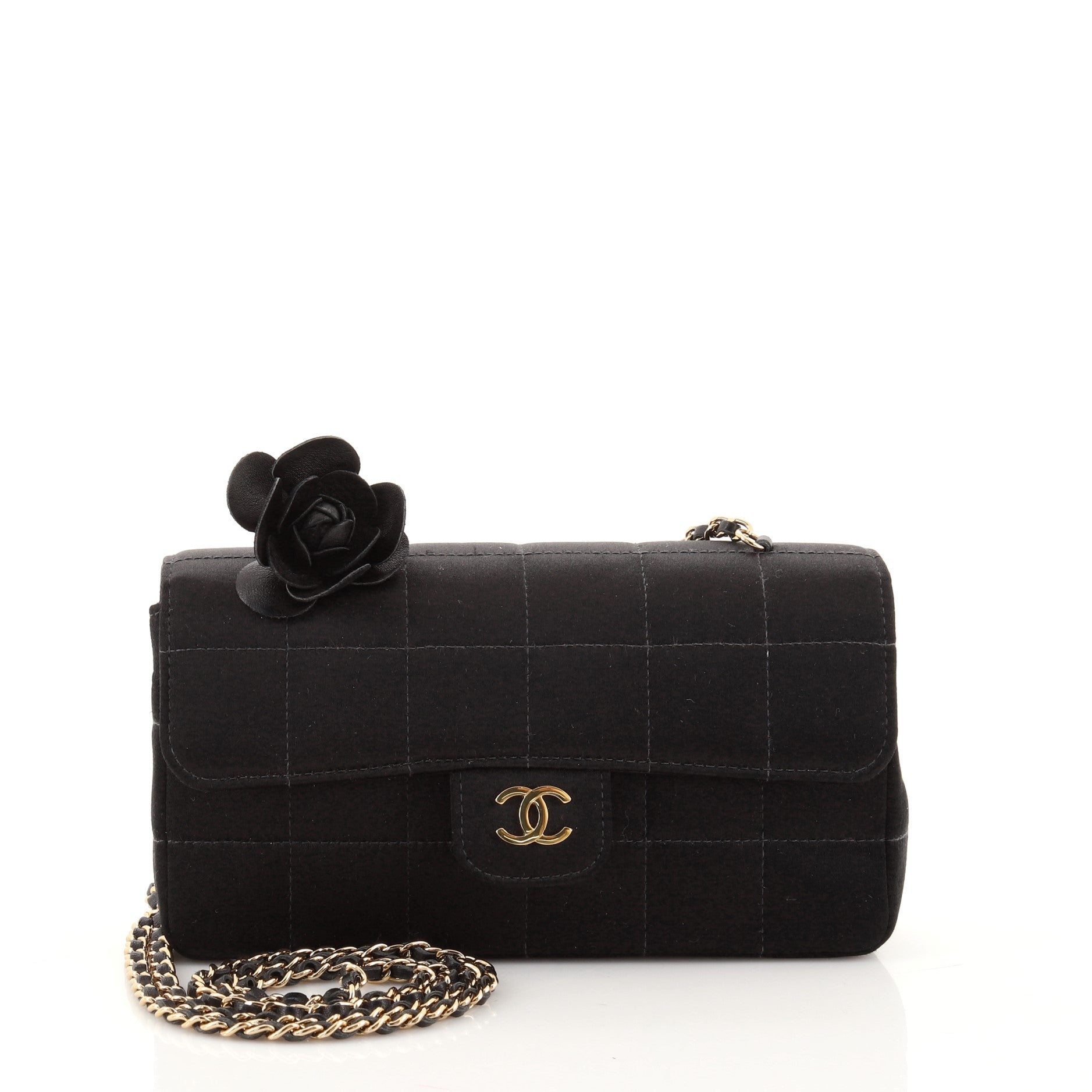 Camellia Chocolate Bar Flap Bag Quilted Satin Mini