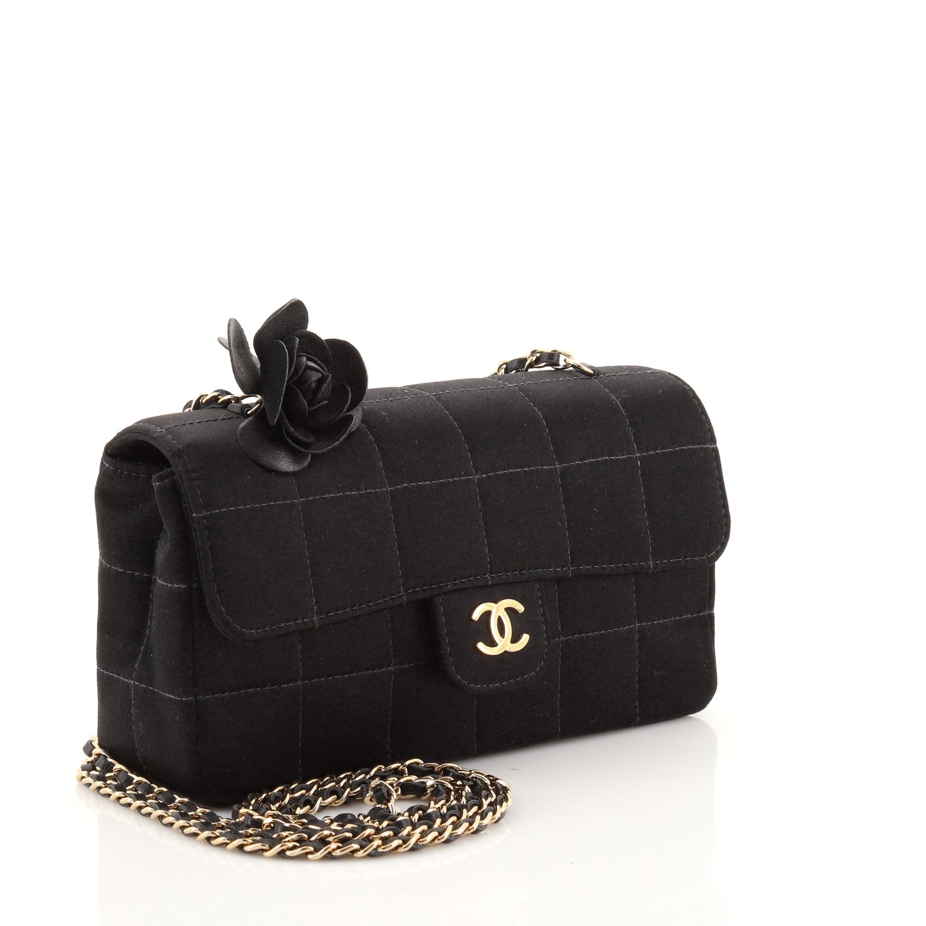 Camellia Chocolate Bar Flap Bag Quilted Satin Mini
