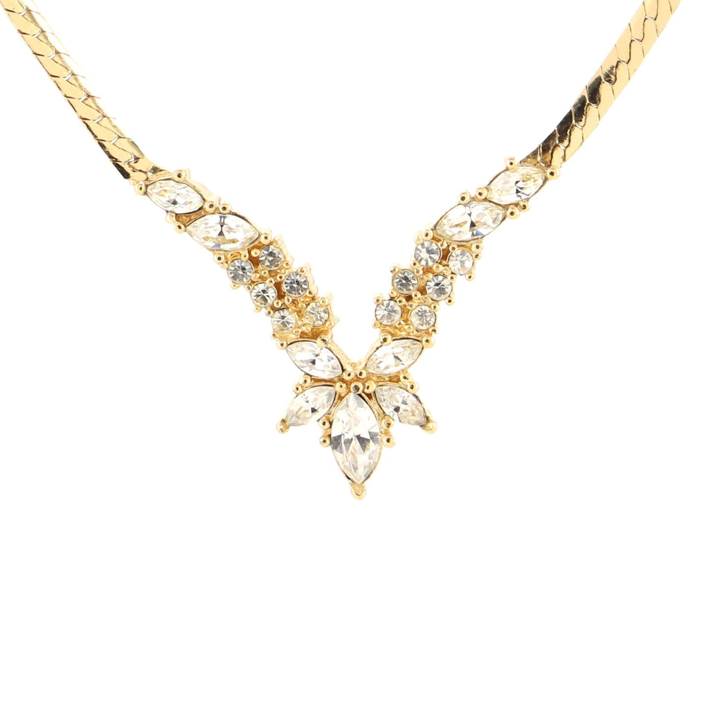 Vintage V Flower Necklace Crystal Embellished Metal