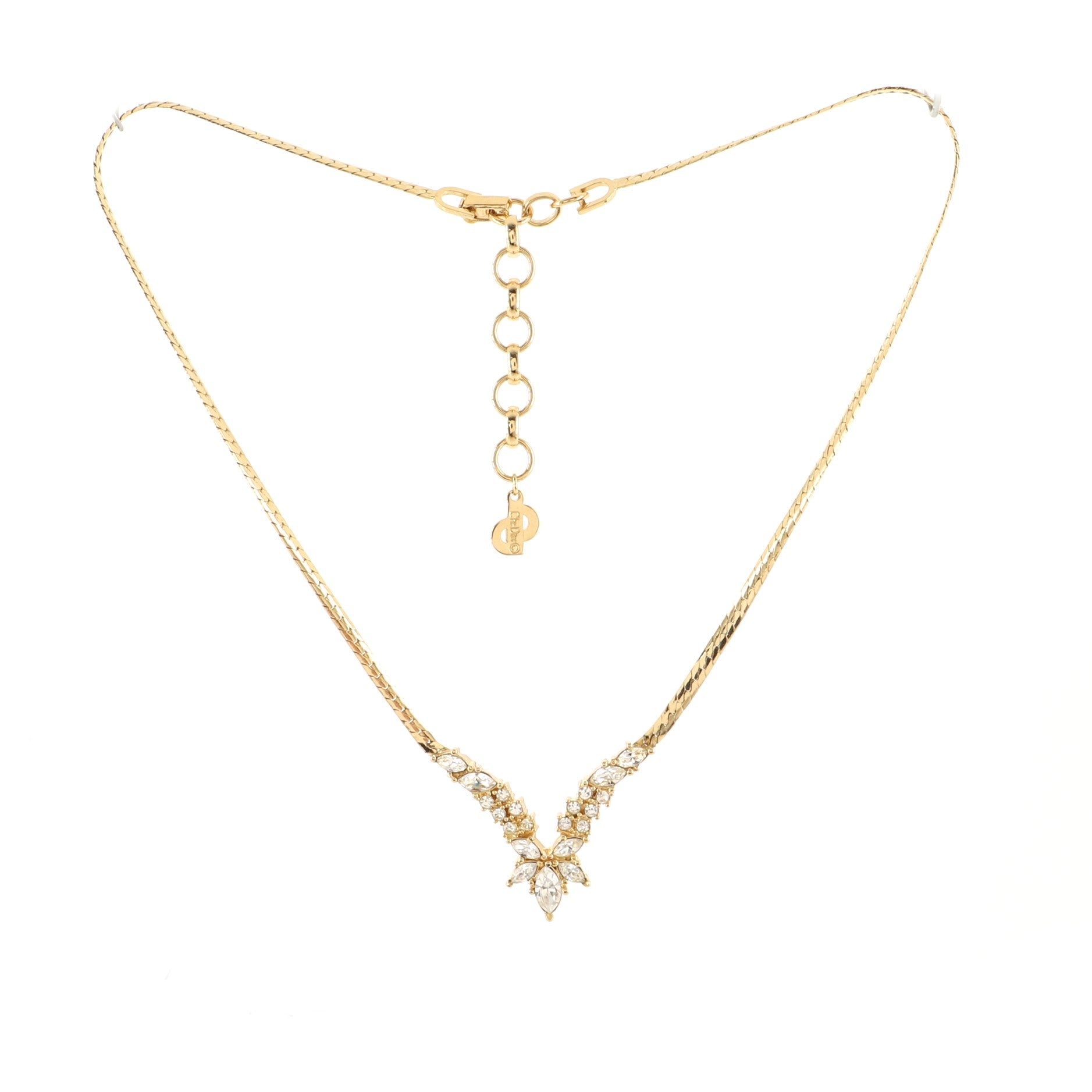 Vintage V Flower Necklace Crystal Embellished Metal