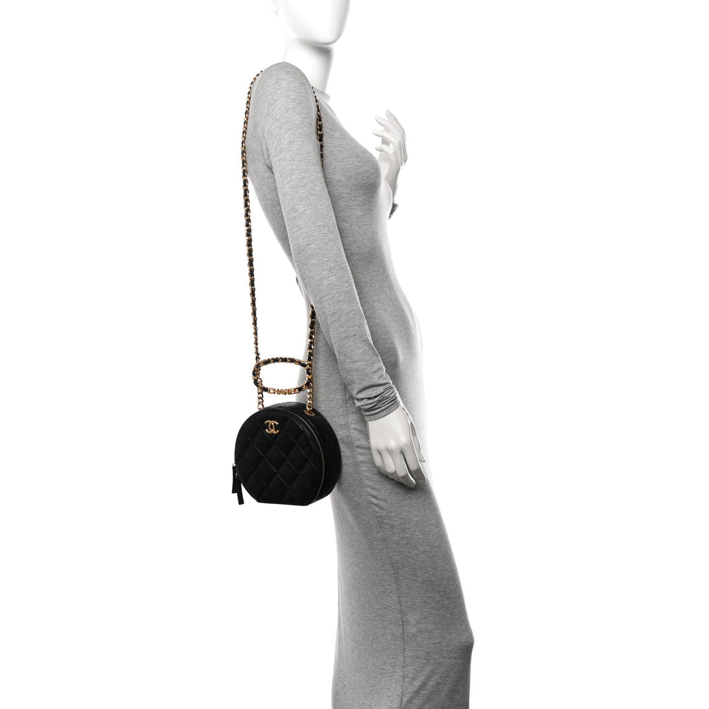 Lambskin Metal Quilted Small Top Handle Round Shoulder Bag Black