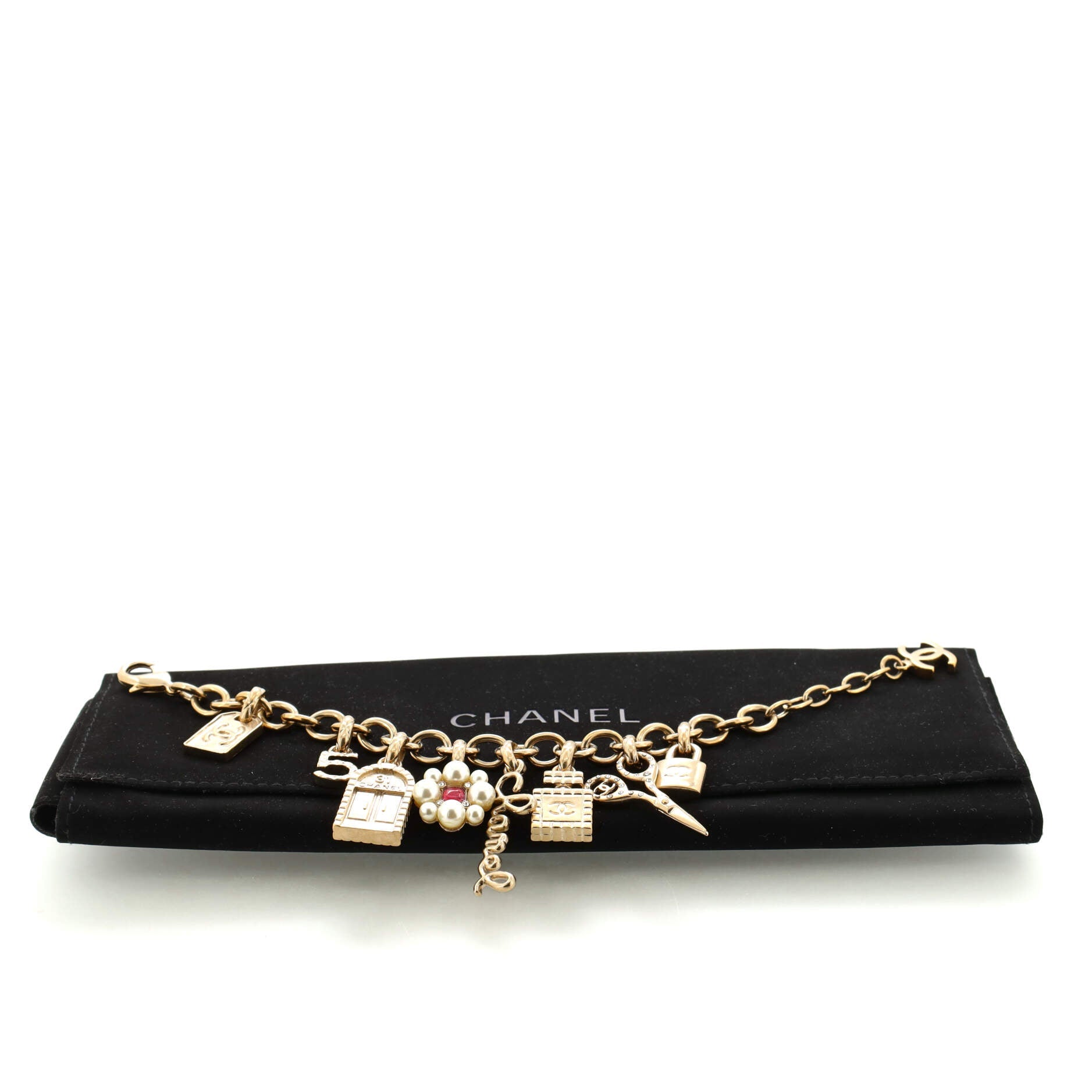 CC Charm Bracelet Metal with Faux Pearls, Crystals and Enamel
