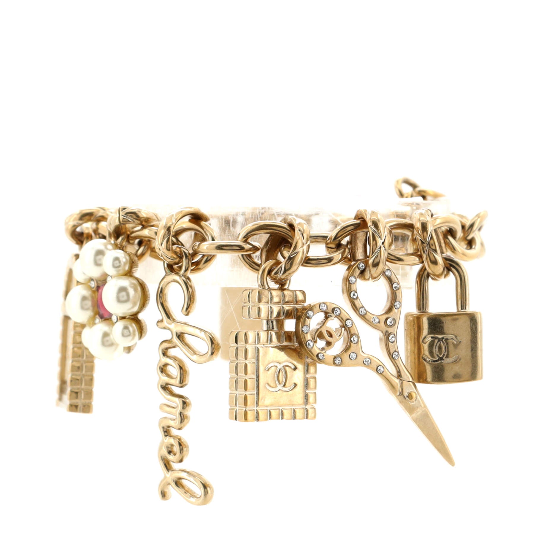CC Charm Bracelet Metal with Faux Pearls, Crystals and Enamel