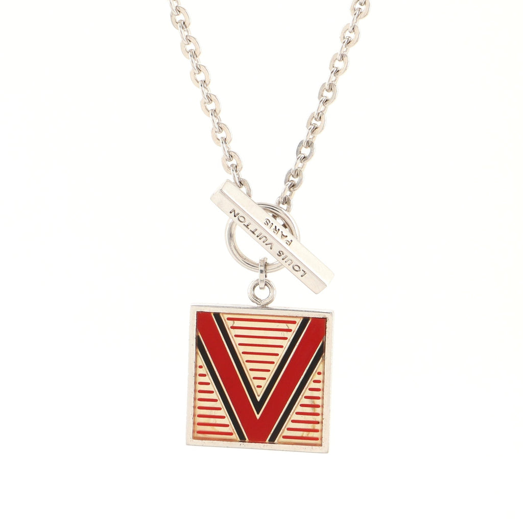 V Logo Square Pendant Necklace Sterling Silver with Enamel