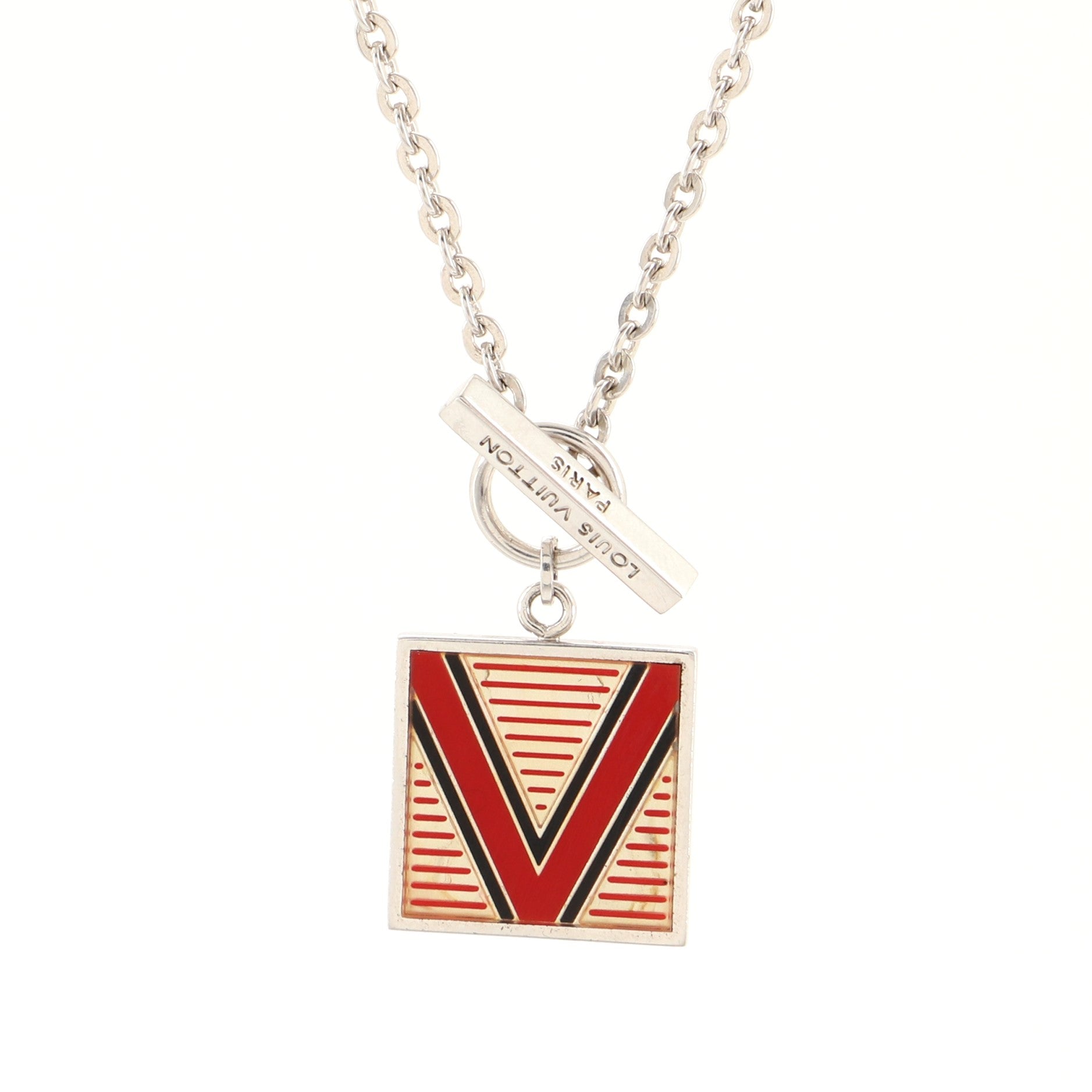 V Logo Square Pendant Necklace Sterling Silver with Enamel