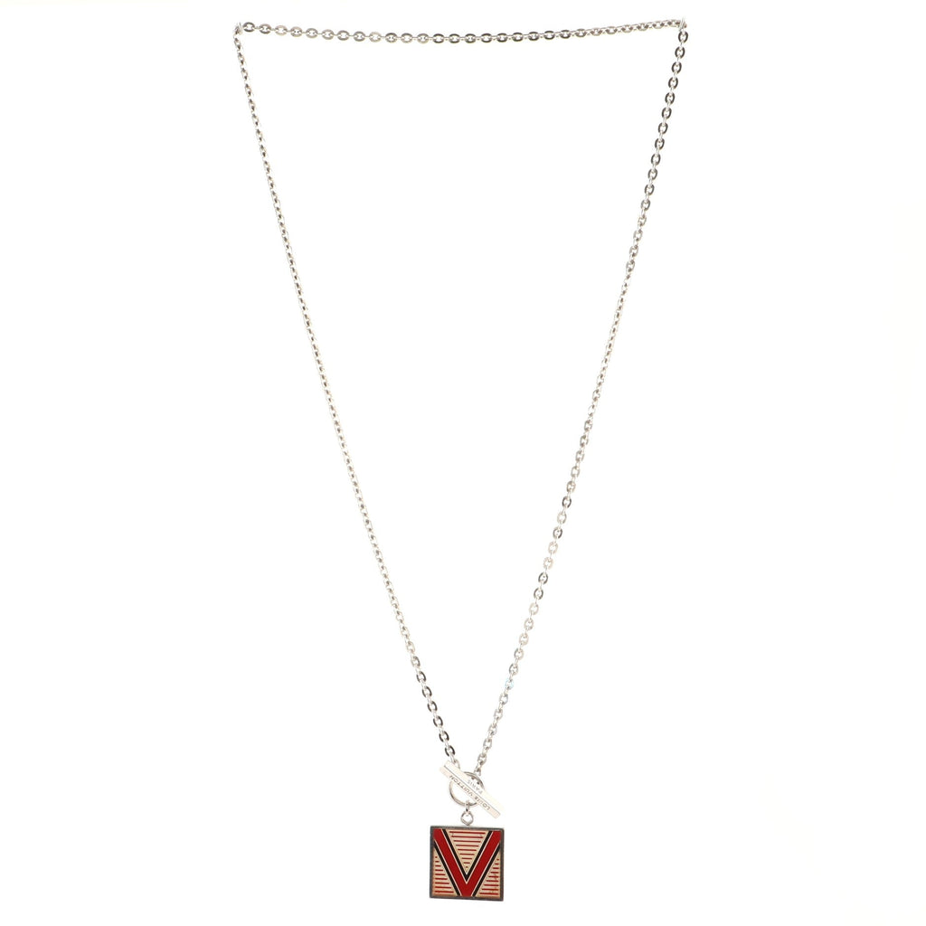 V Logo Square Pendant Necklace Sterling Silver with Enamel