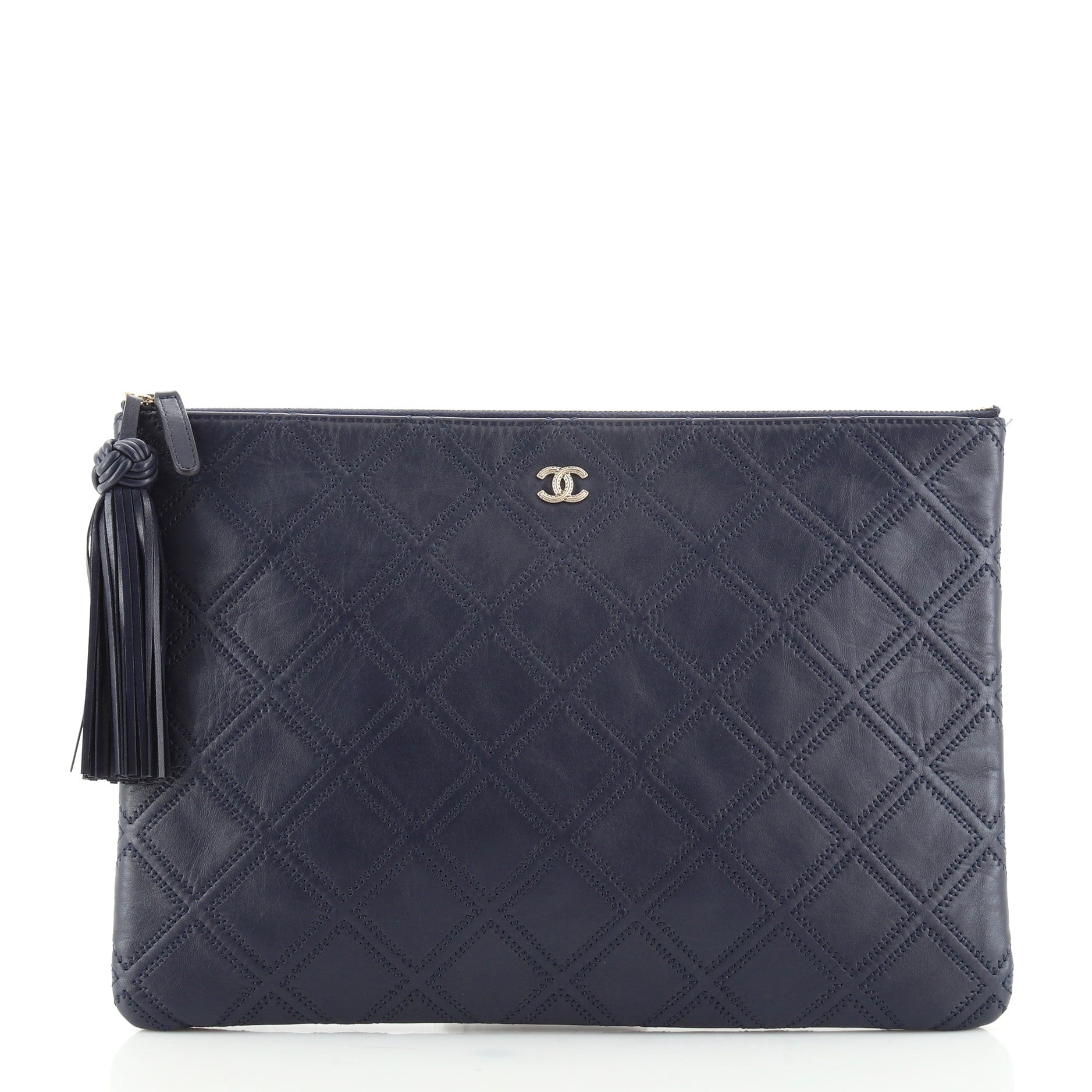 Diamond Double Stitch O Case Clutch Quilted Calfskin Large