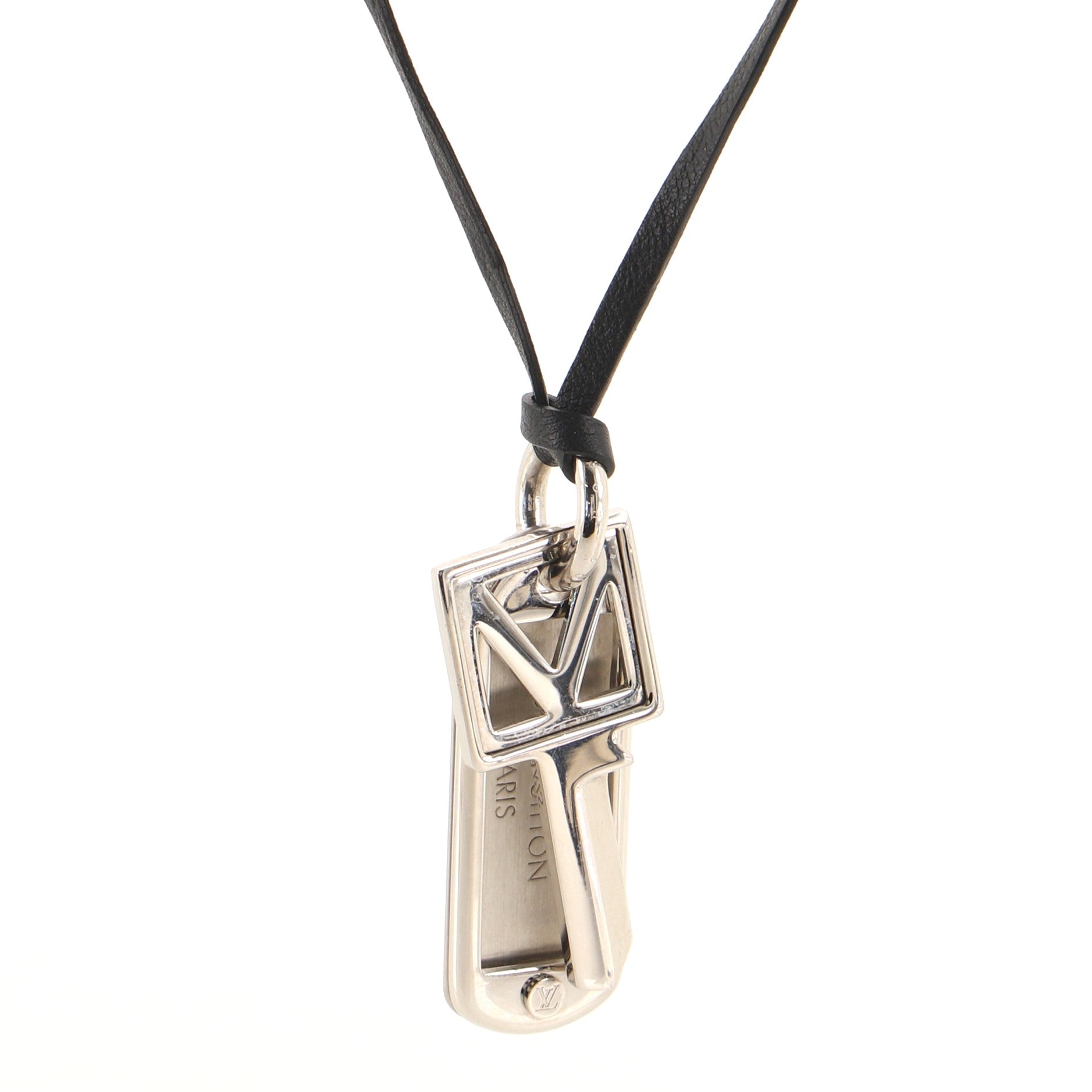 V Square Key Plate Necklace Metal and Leather