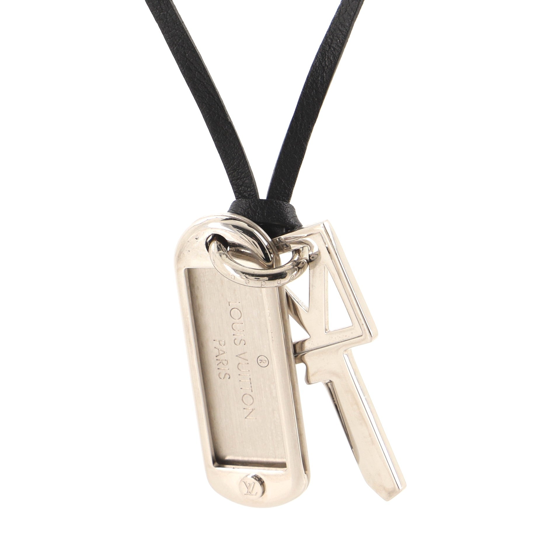 V Square Key Plate Necklace Metal and Leather