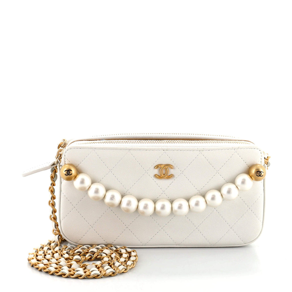Chic Pearls Double Zip Clutch with Chain Quilted Lambskin