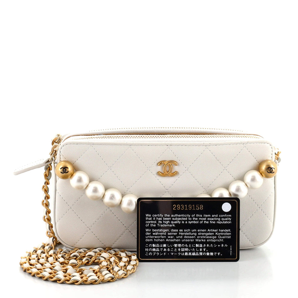 Chic Pearls Double Zip Clutch with Chain Quilted Lambskin