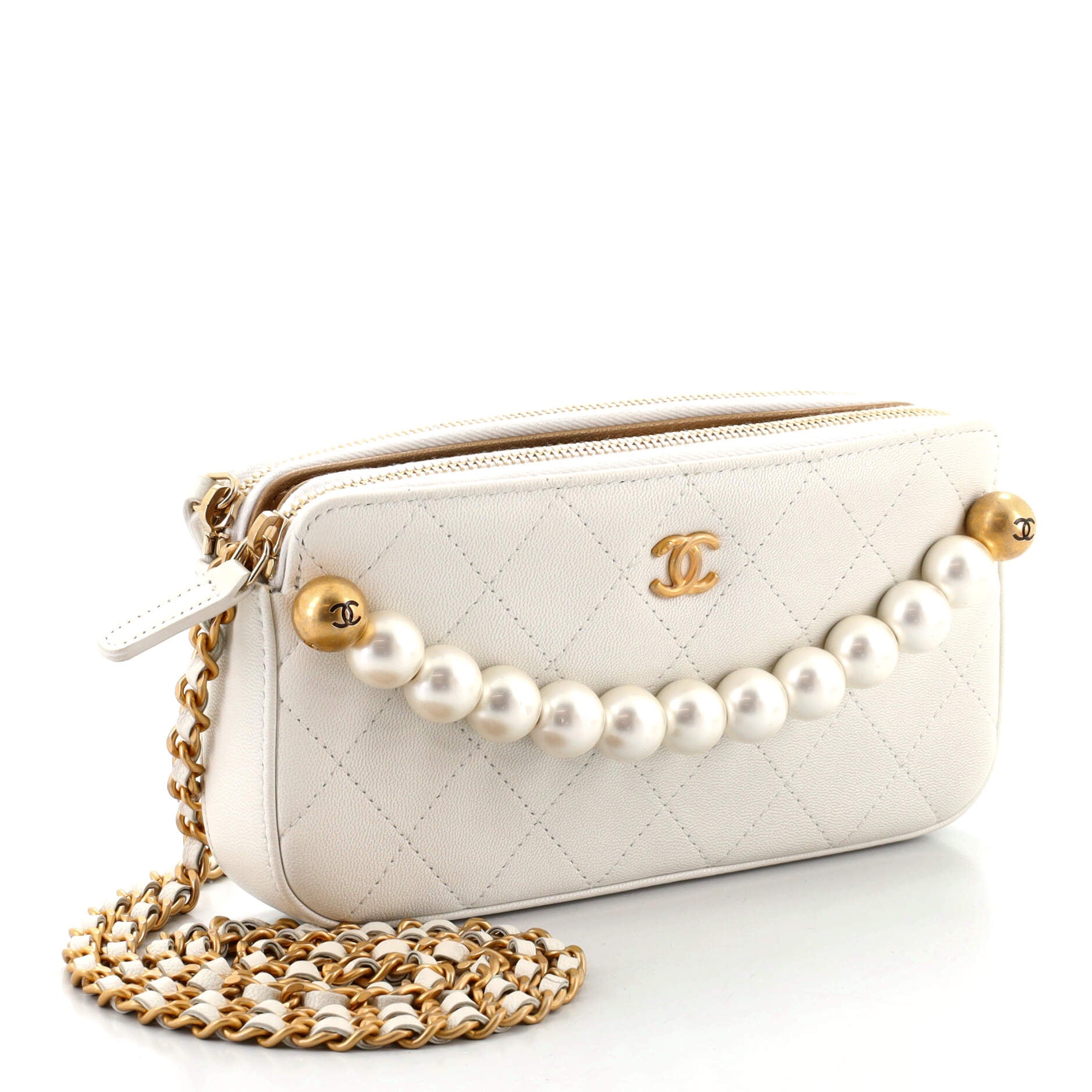 Chic Pearls Double Zip Clutch with Chain Quilted Lambskin
