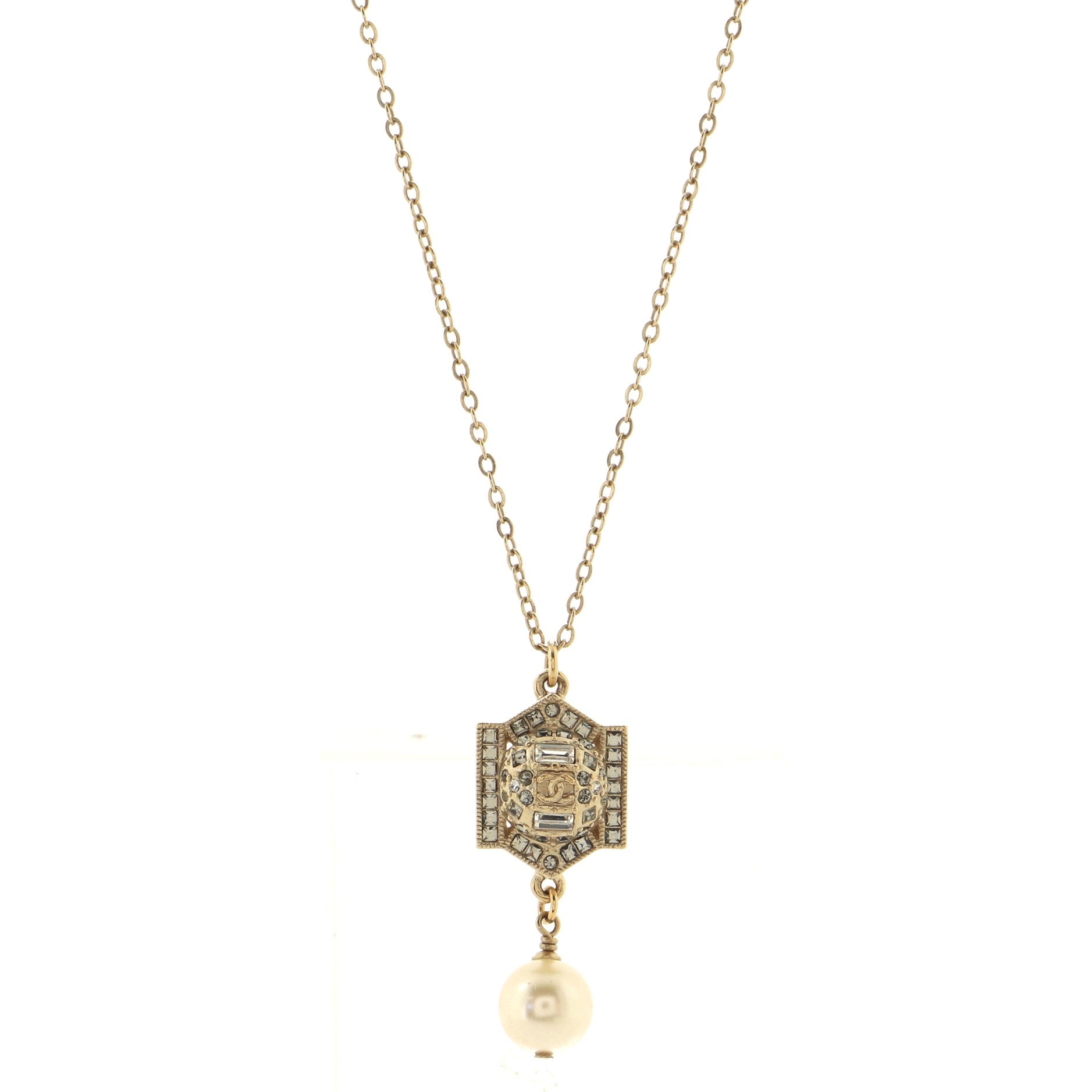 CC Crest Pendant Necklace Metal with Crystals and Faux Pearl
