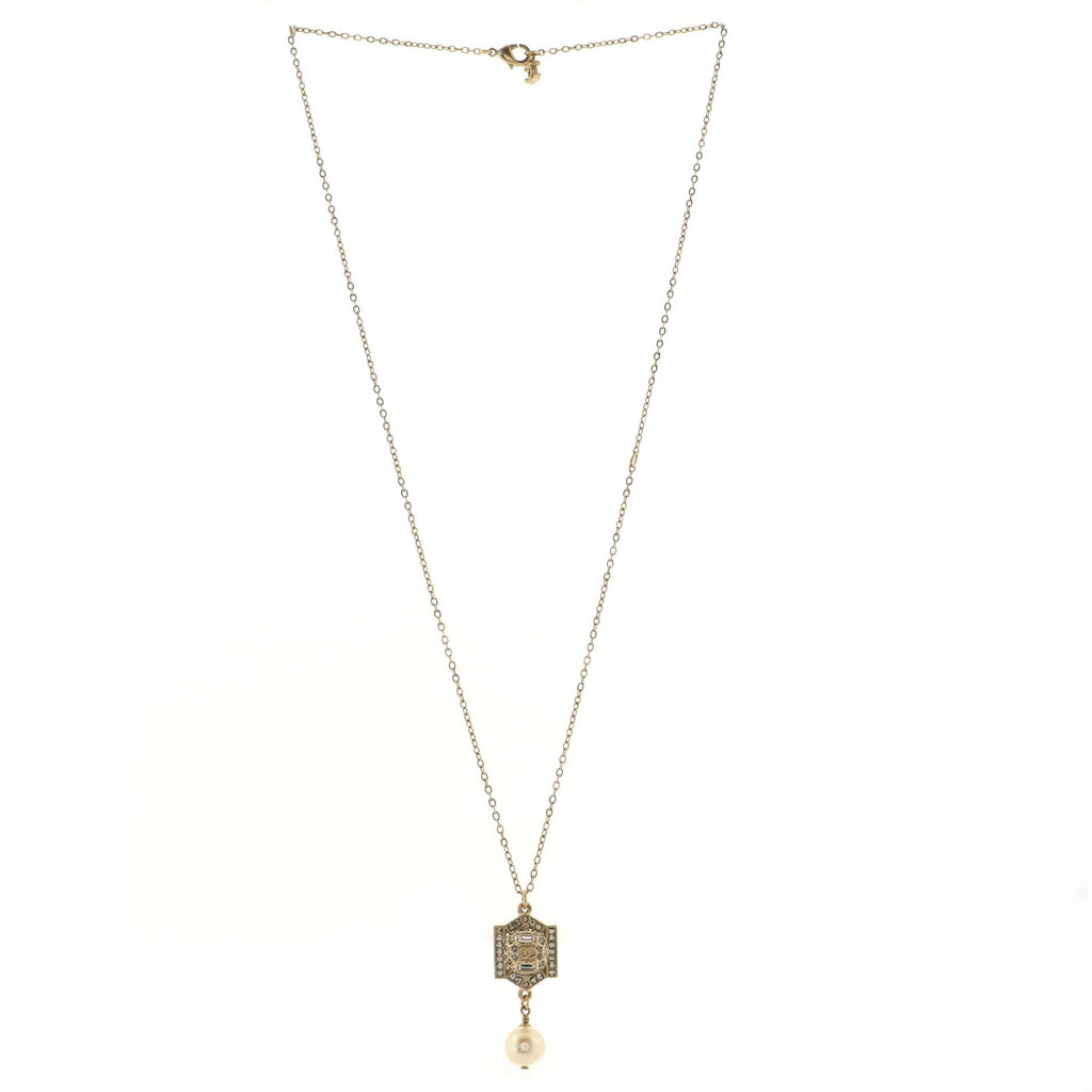 CC Crest Pendant Necklace Metal with Crystals and Faux Pearl