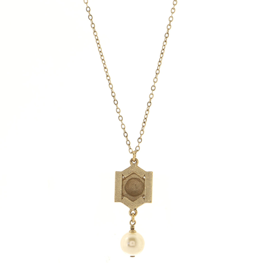 CC Crest Pendant Necklace Metal with Crystals and Faux Pearl