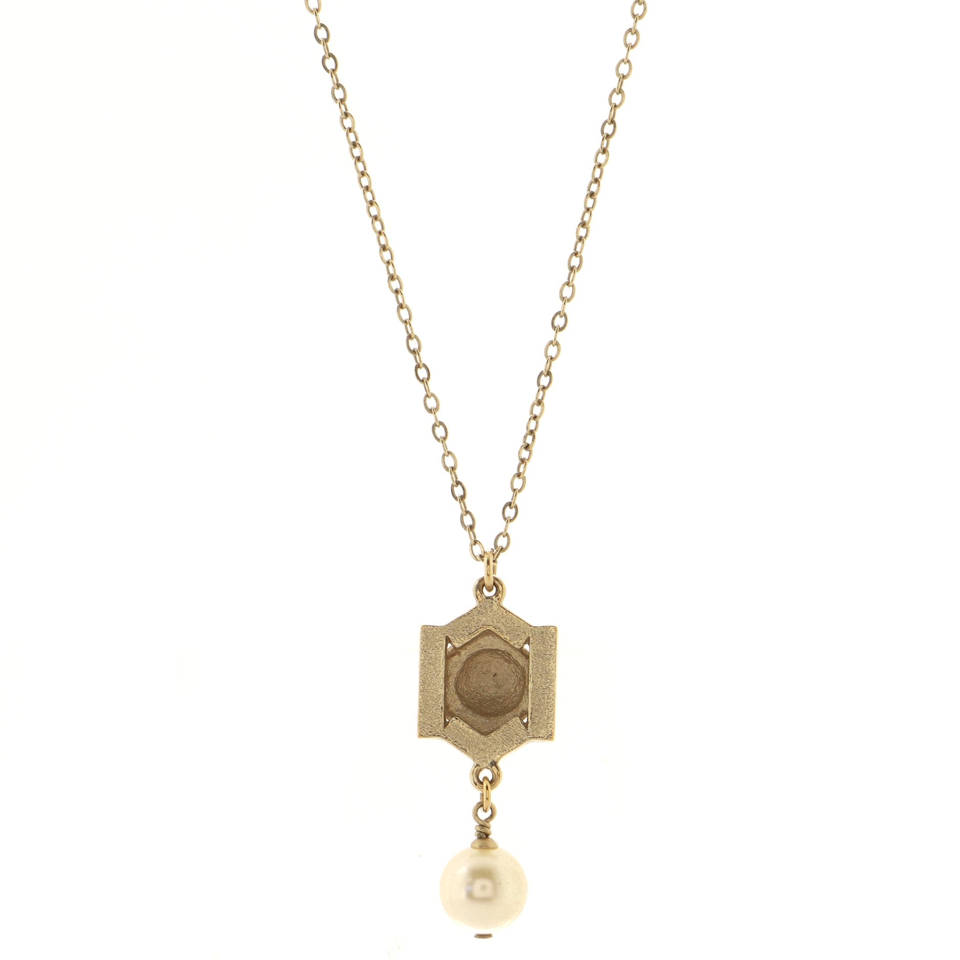 CC Crest Pendant Necklace Metal with Crystals and Faux Pearl