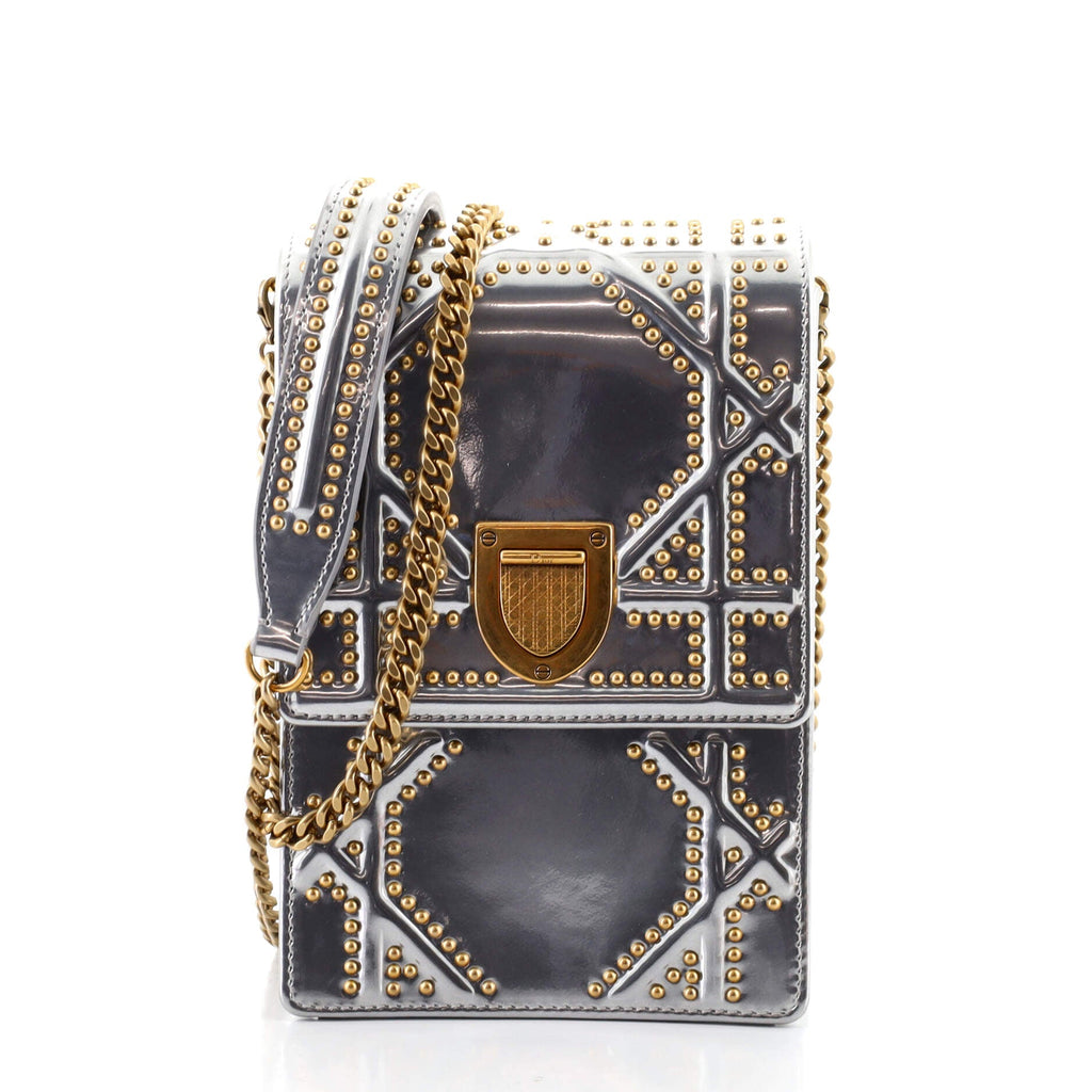 Diorama Vertical Clutch on Chain Studded Metallic Leather