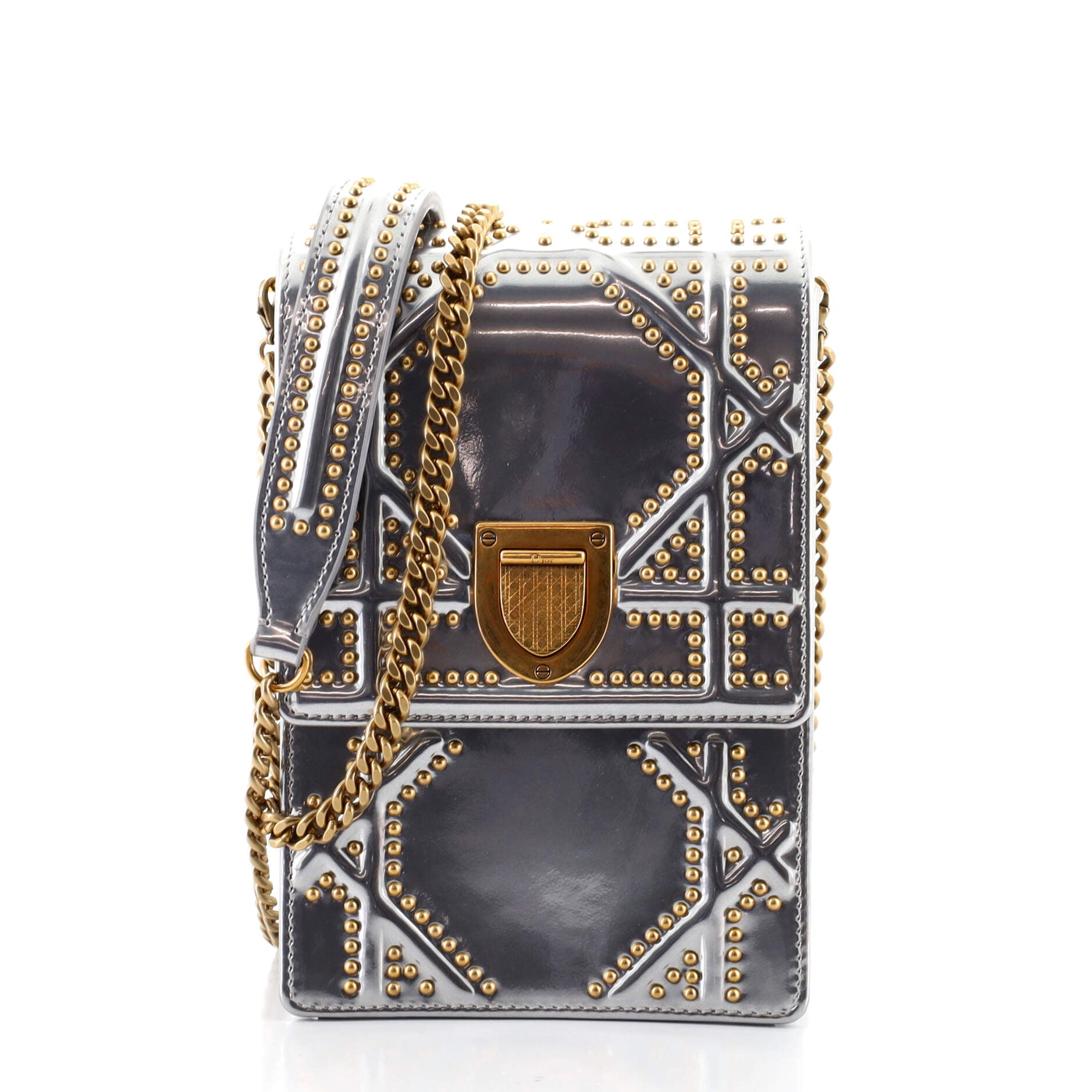 Diorama Vertical Clutch on Chain Studded Metallic Leather