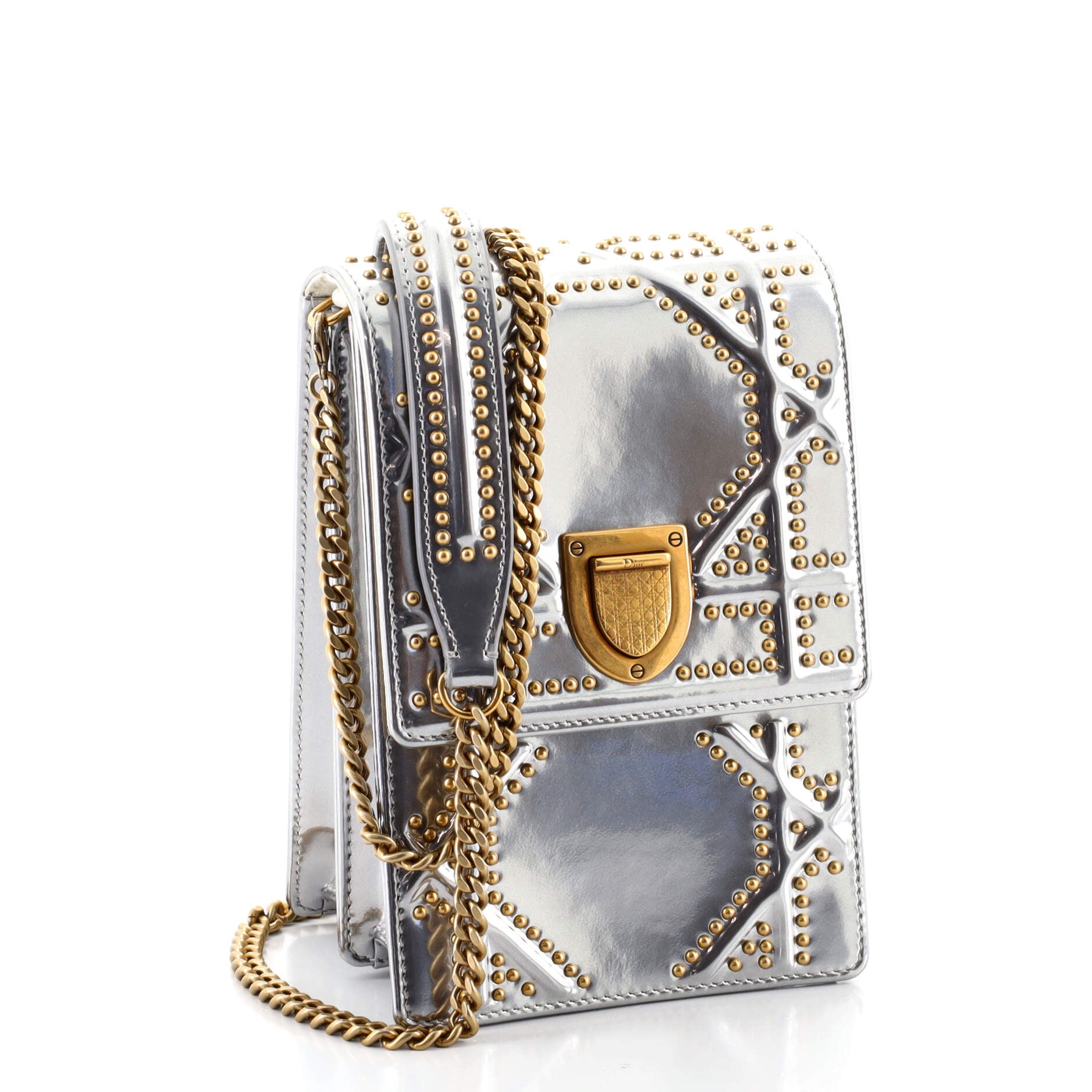 Diorama Vertical Clutch on Chain Studded Metallic Leather