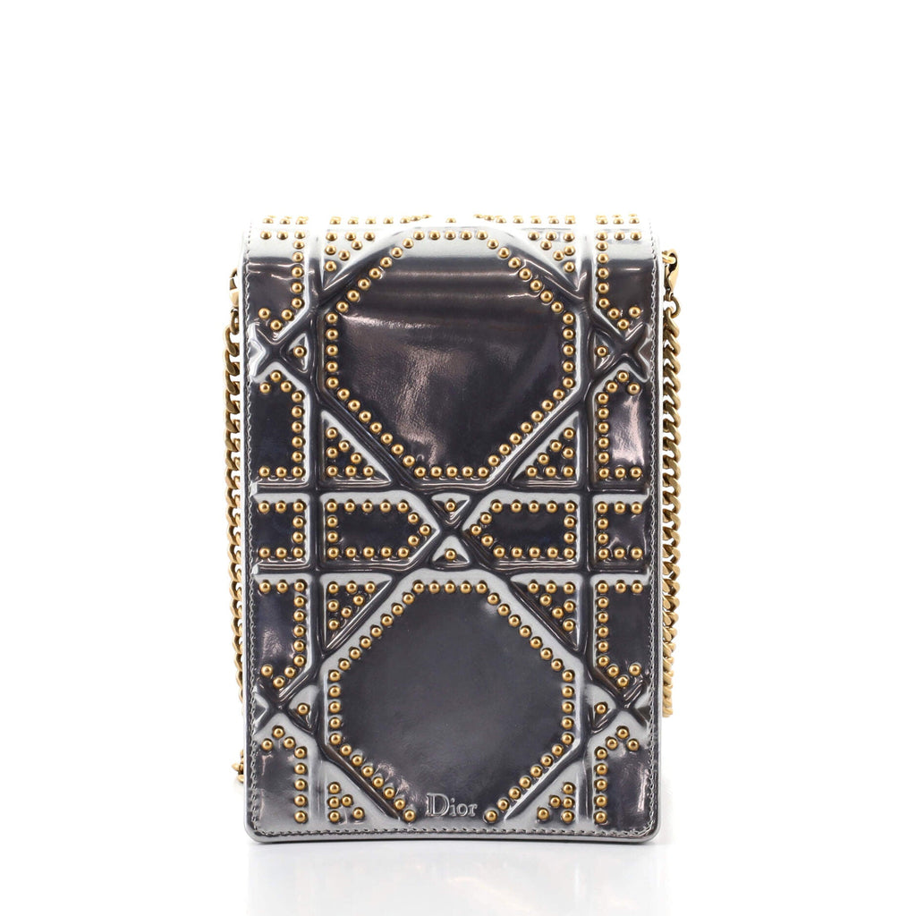 Diorama Vertical Clutch on Chain Studded Metallic Leather