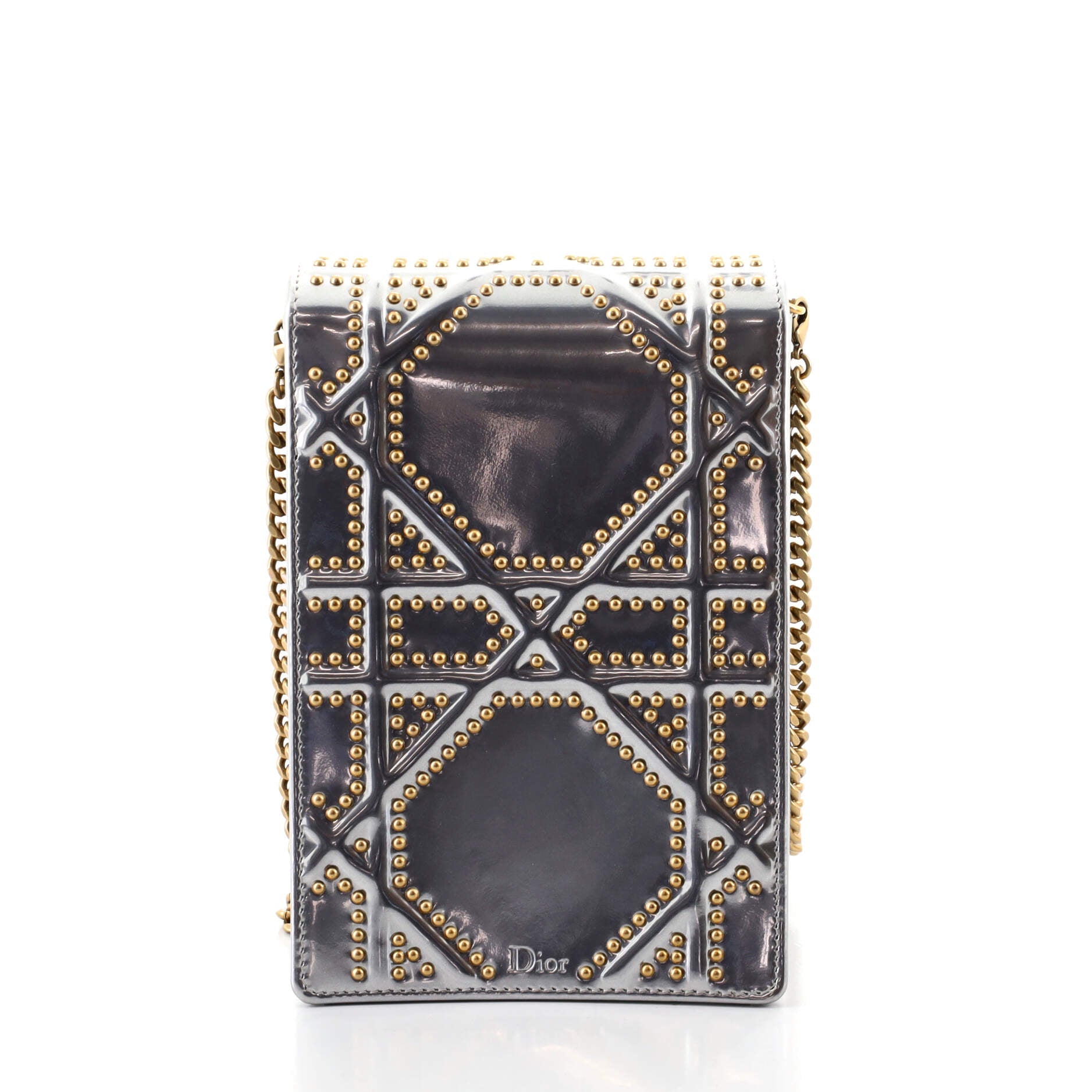 Diorama Vertical Clutch on Chain Studded Metallic Leather