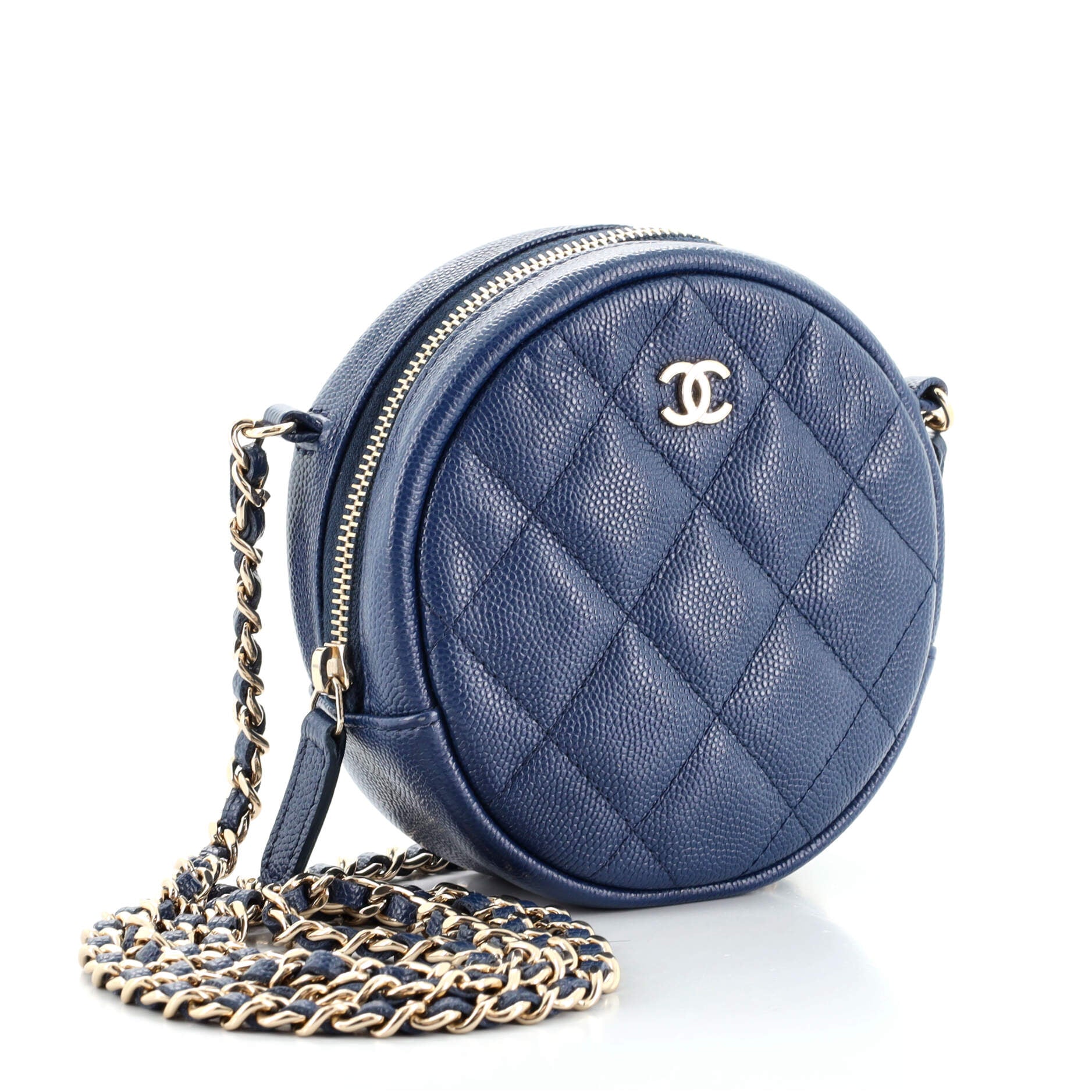 Round Clutch with Chain Quilted Caviar Mini