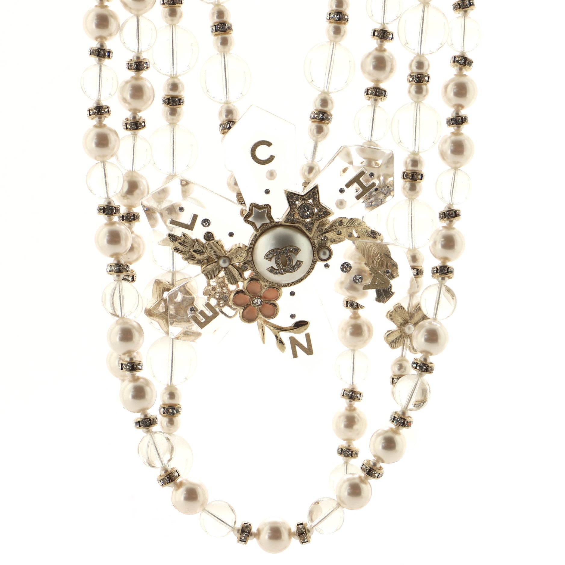 CC Snowflake Multi Strand Long Necklace Faux Pearls and Beads with Metal and Crystals