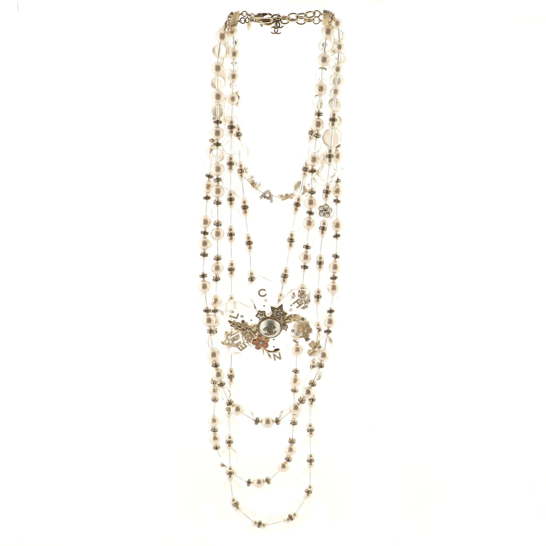CC Snowflake Multi Strand Long Necklace Faux Pearls and Beads with Metal and Crystals