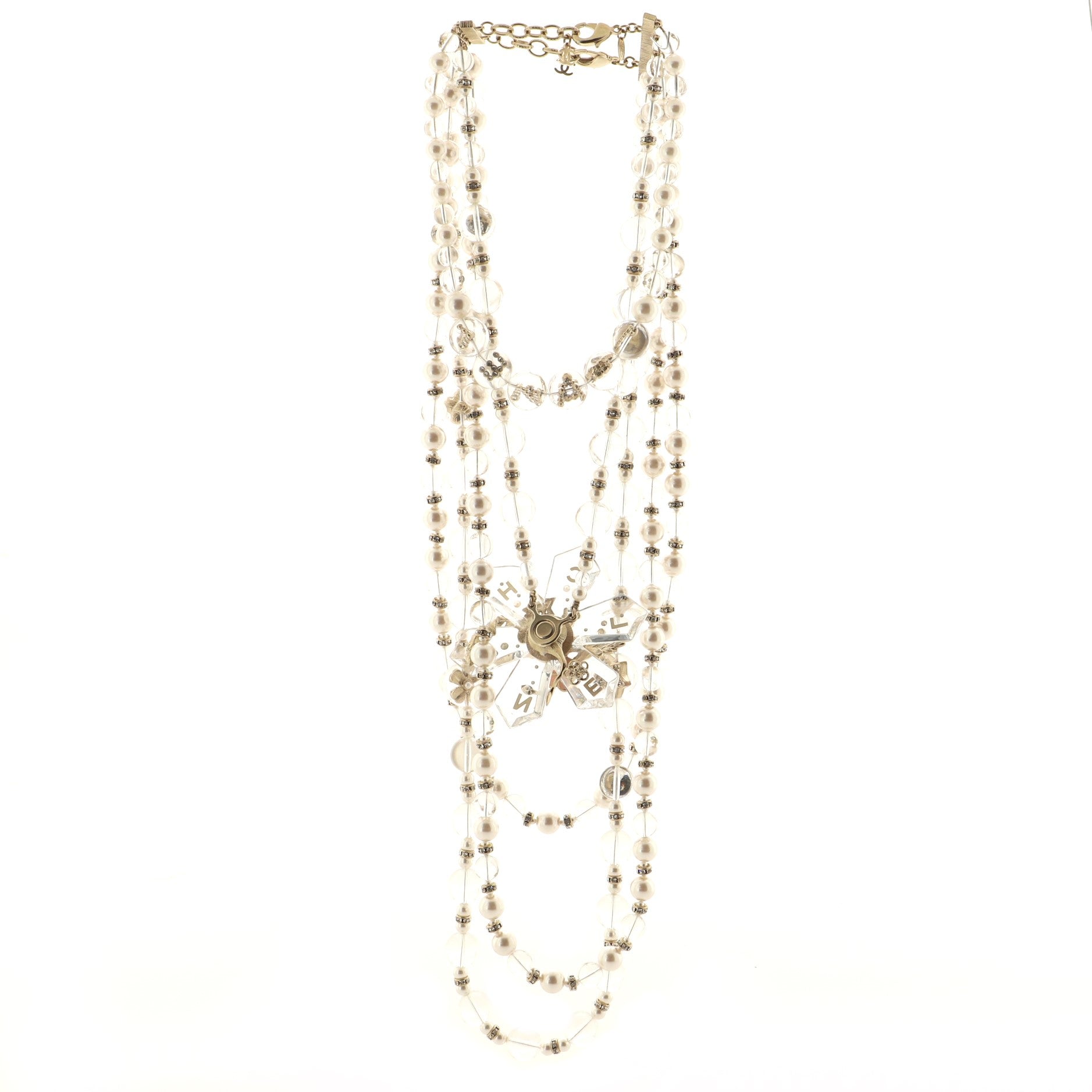 CC Snowflake Multi Strand Long Necklace Faux Pearls and Beads with Metal and Crystals