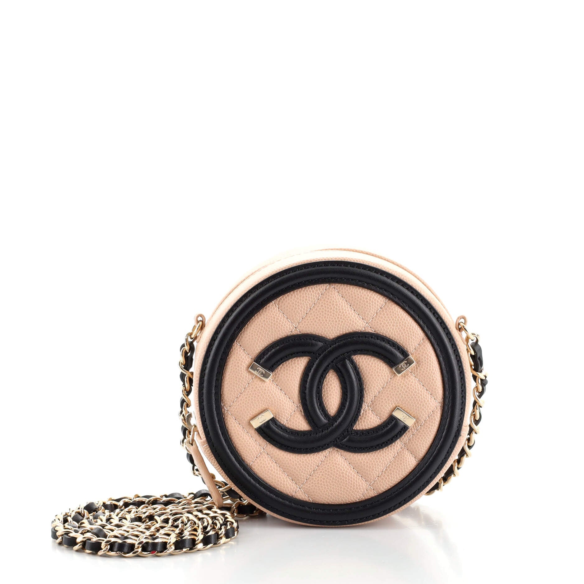 Filigree Round Clutch with Chain Quilted Caviar Mini
