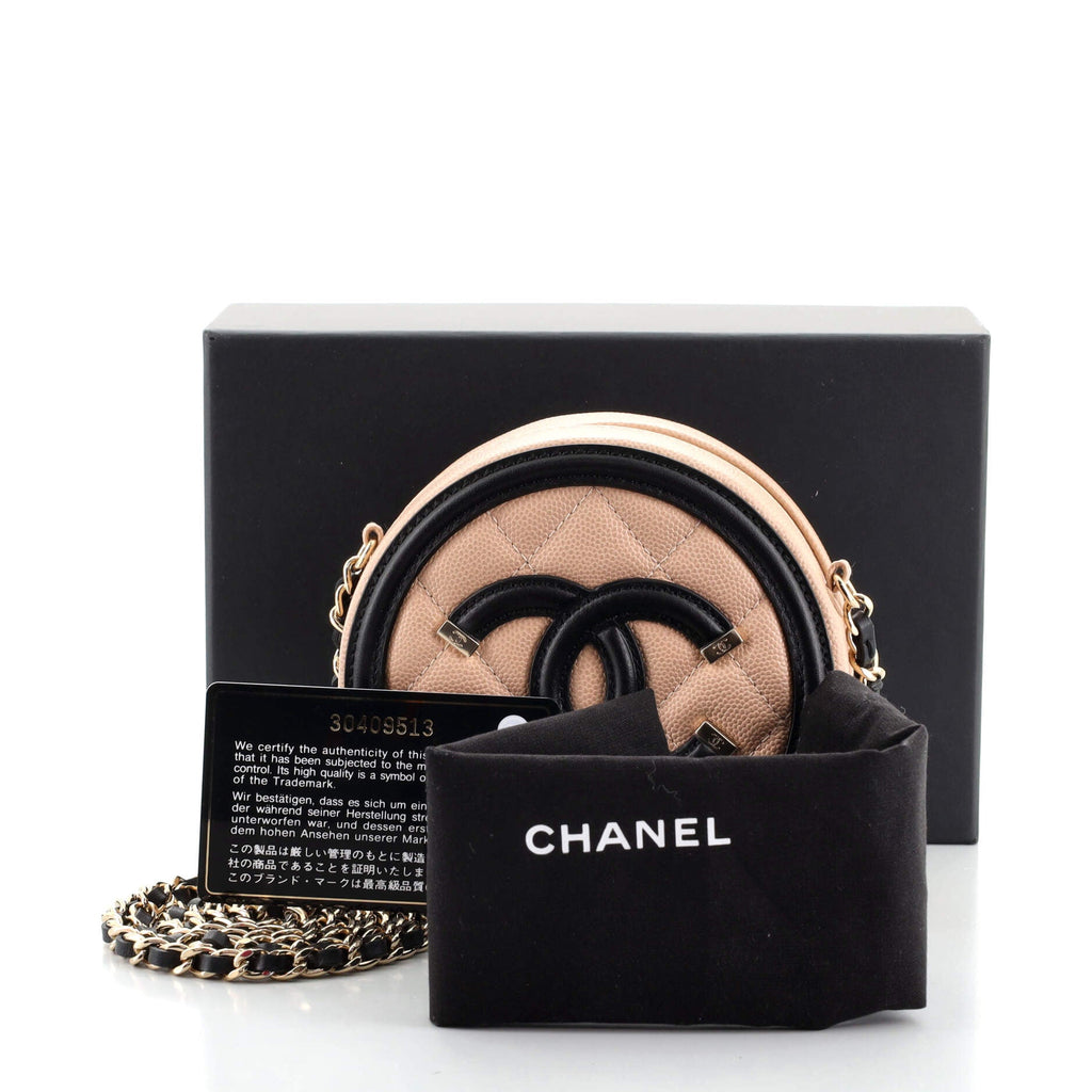Filigree Round Clutch with Chain Quilted Caviar Mini