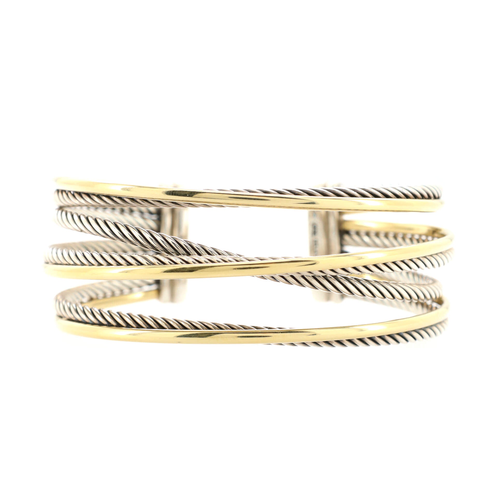 Four Row Crossover Cuff Bracelet Sterling Silver with 18K Yellow Gold