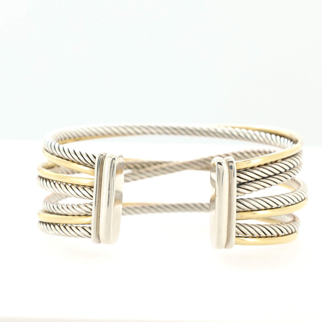 Four Row Crossover Cuff Bracelet Sterling Silver with 18K Yellow Gold