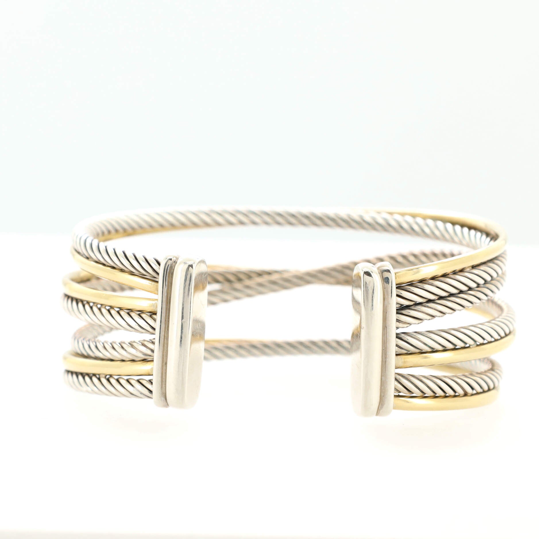 Four Row Crossover Cuff Bracelet Sterling Silver with 18K Yellow Gold