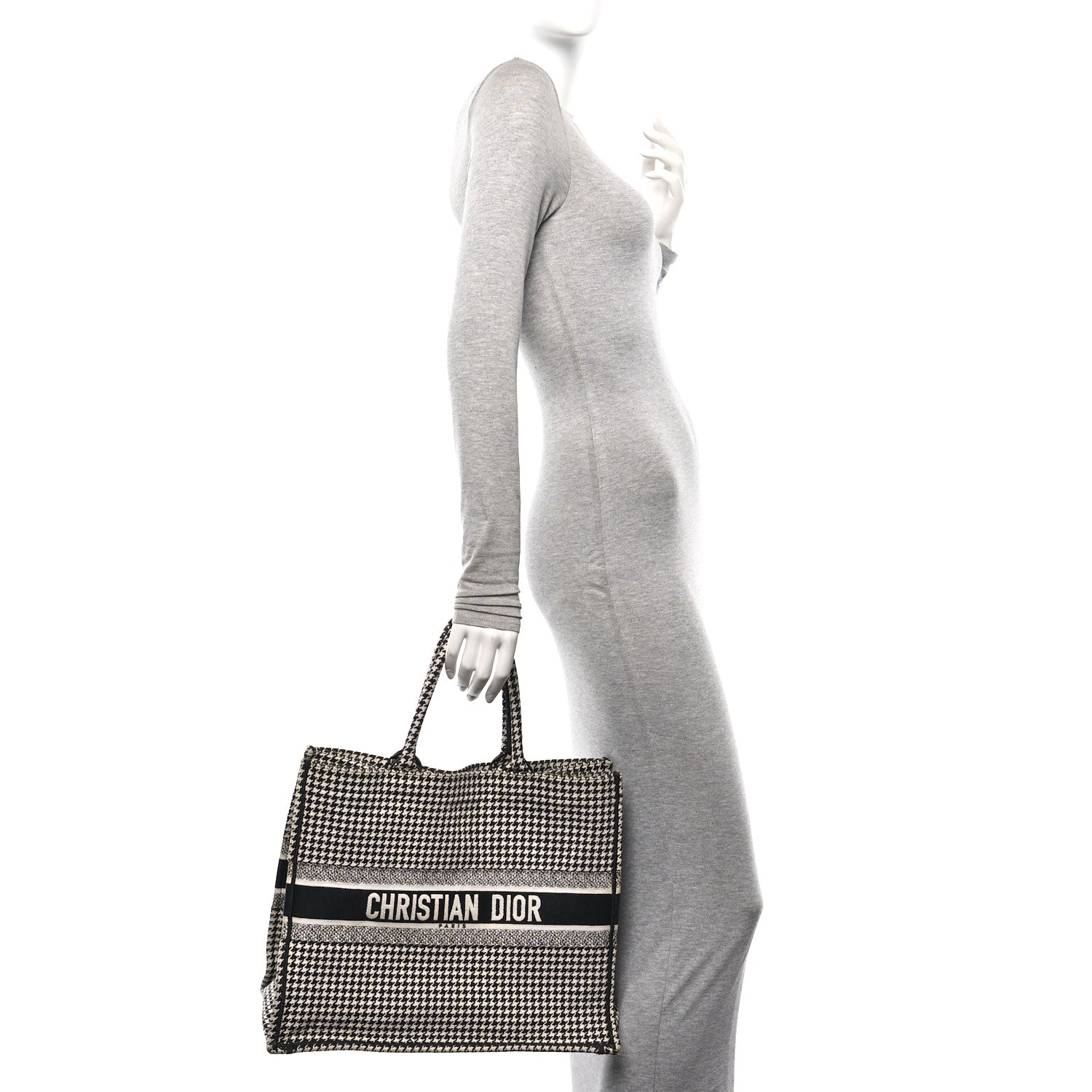 Canvas Houndstooth Embroidered Large Book Tote Black White