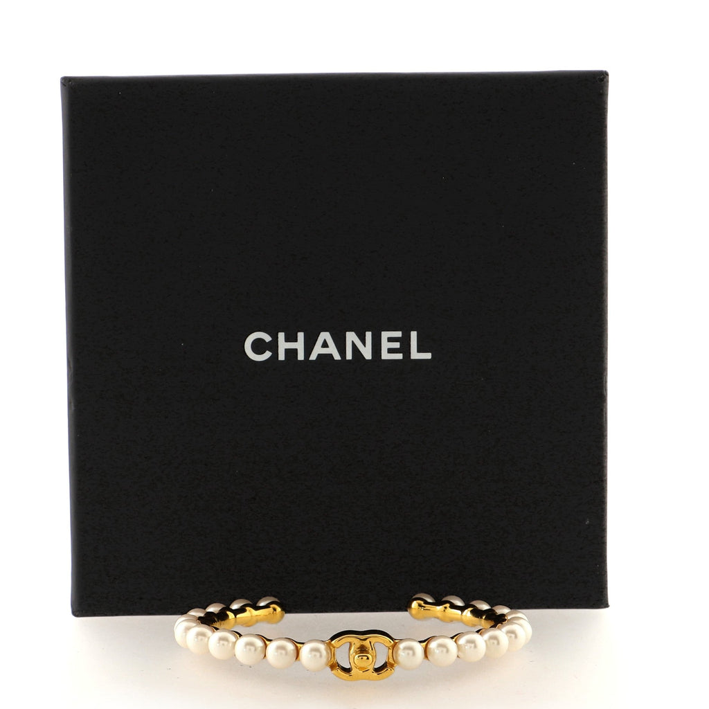 CC Turnlock Cuff Bracelet Metal and Faux Pearls