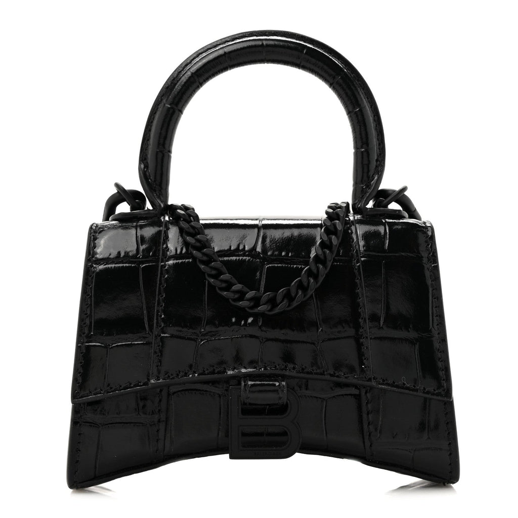 Shiny Calfskin Monochrome Crocodile Embossed Hourglass Top Handle Bag Mini with Chain Black