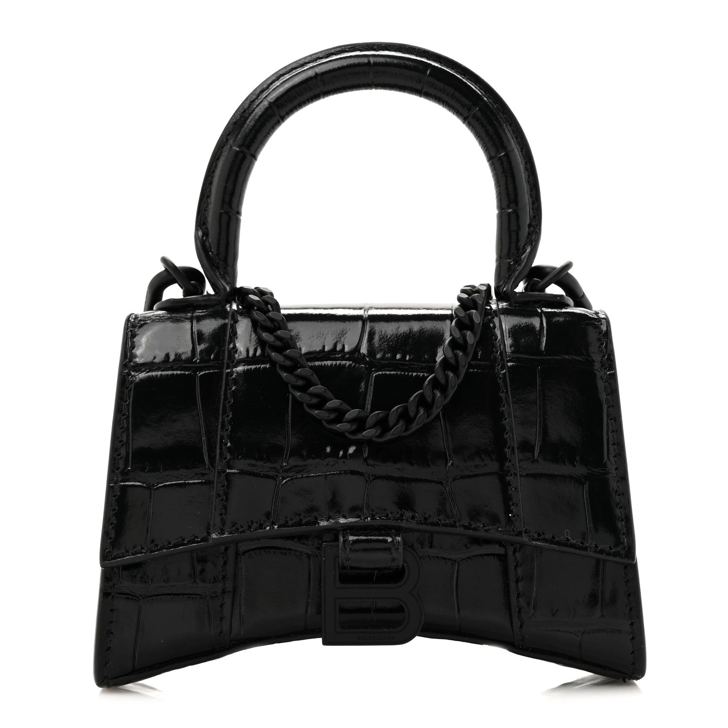 Shiny Calfskin Monochrome Crocodile Embossed Hourglass Top Handle Bag Mini with Chain Black