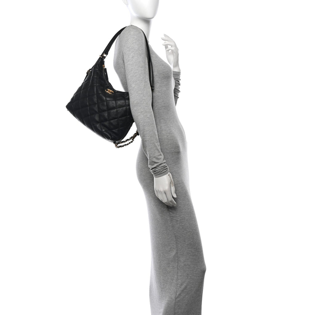 Lambskin Quilted Maxi Hobo Black