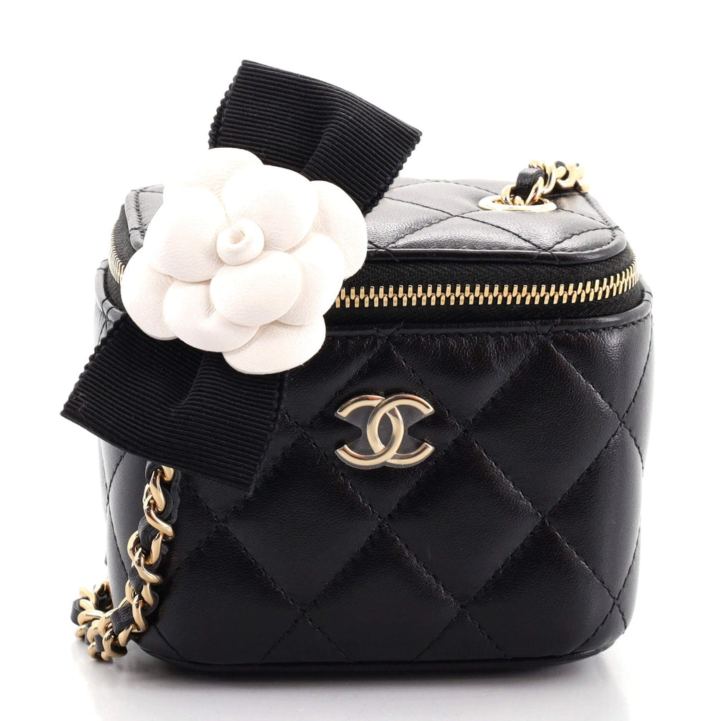 Camellia Bow Vanity Case with Chain Quilted Lambskin Mini