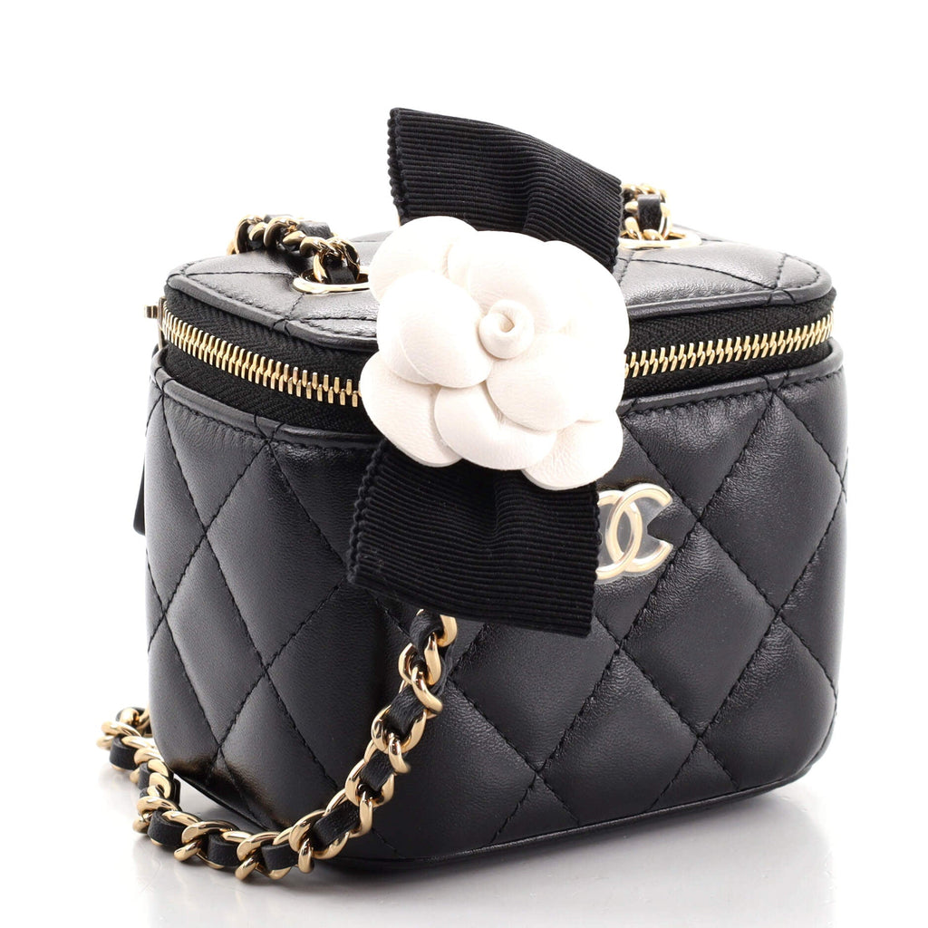 Camellia Bow Vanity Case with Chain Quilted Lambskin Mini