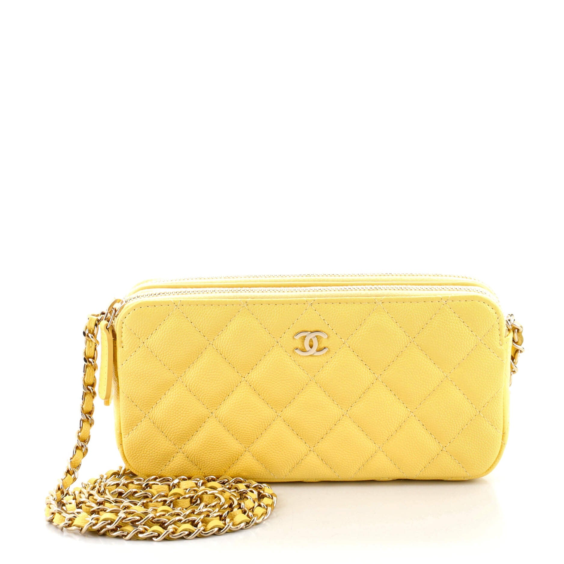 Double Zip Clutch with Chain Quilted Caviar