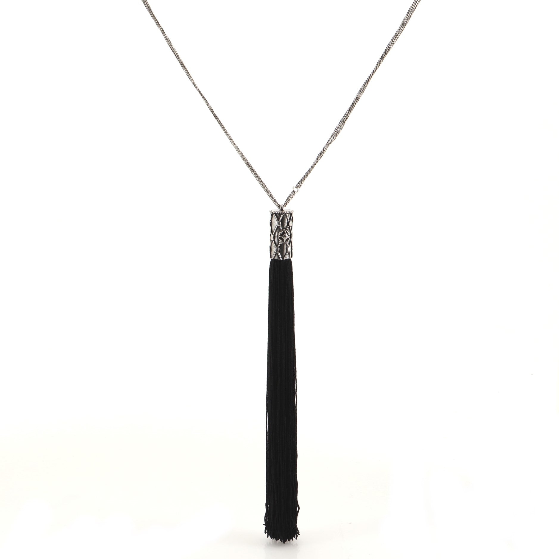 Tassel Pendant Long Necklace Metal with Textile Cord