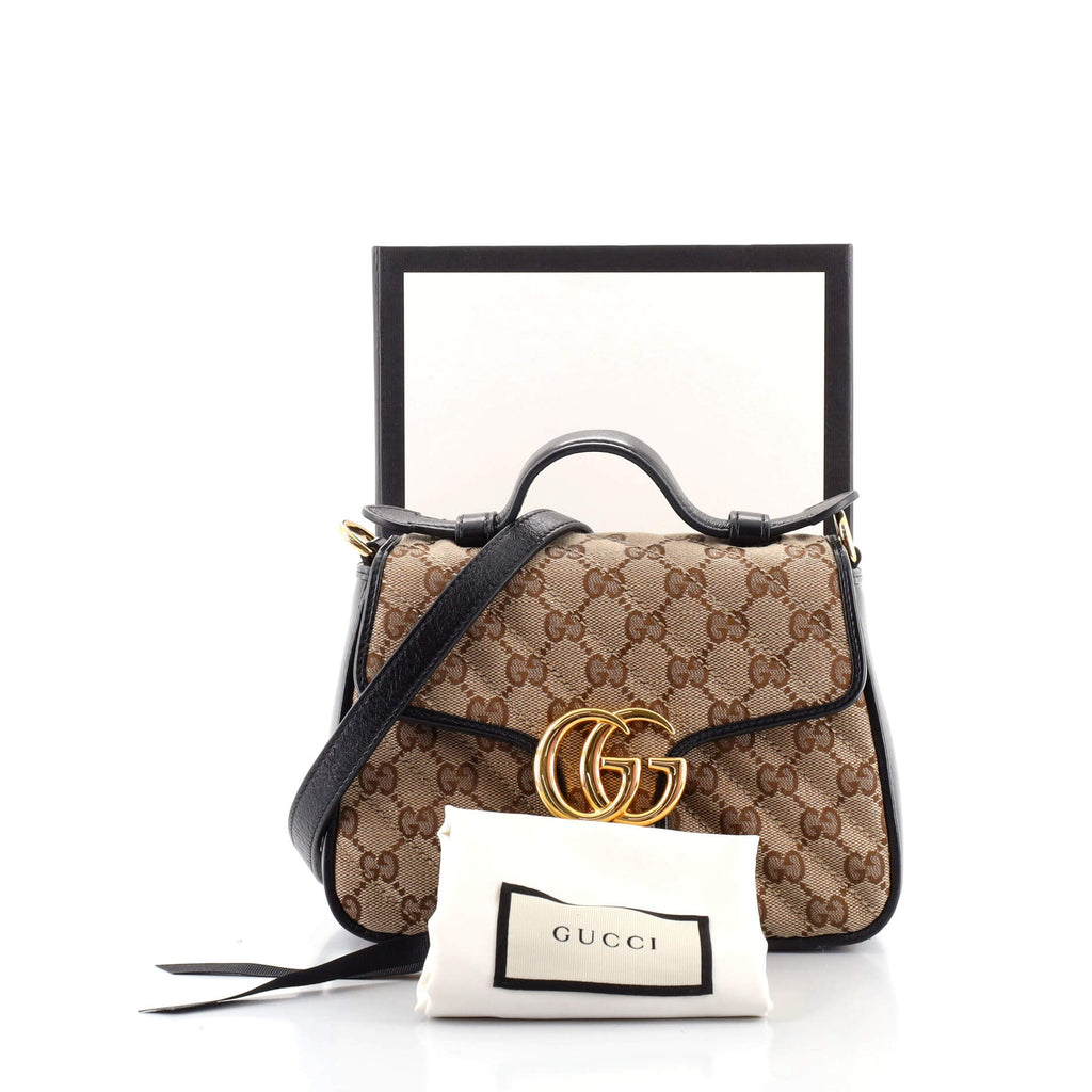 GG Marmont Top Handle Flap Bag Diagonal Quilted GG Canvas Mini